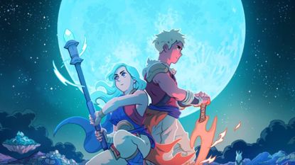 Key art for Sea of Stars showing two characters holding swords in front of the moon.