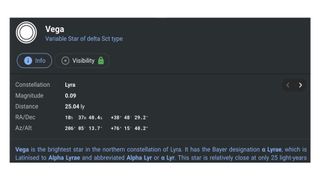 Stellarium Mobile Plus review: Image shows Vega shown in the app.