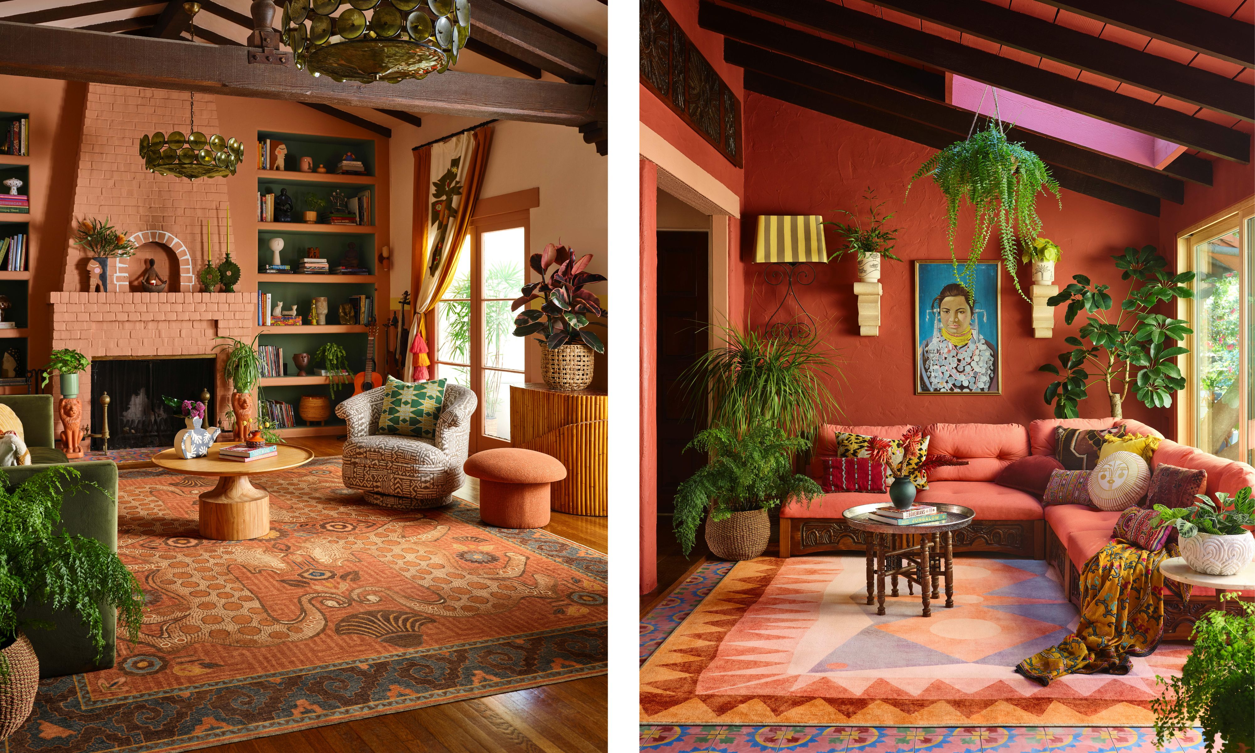 Two images of maximalist living room with coral walls and bold rugs