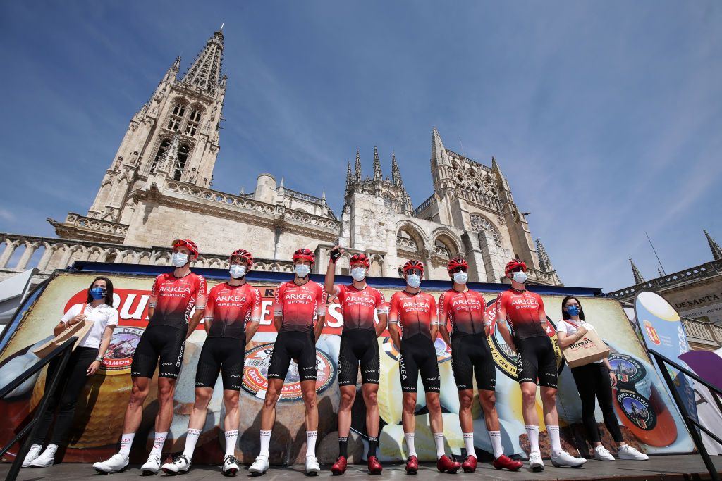 BURGOS SPAIN AUGUST 03 Anrew Winner Anacona of Colombia Rosa Diego of Italy Thomas Boudat of France Miguel Eduardo Florez Lopez of Colombia Matis Louvel of France Lukasz Owsian of Poland Kevin Ledanois of France and Team Arka Samsic prior to the 43rd Vuelta a Burgos 2021 Stage 1 a 161km stage from BurgosCatedral to BurgosAlto del Castillo 980m VueltaBurgos BurgosCycling CapitalMundialdelCiclismo catedral2021 on August 03 2021 in Burgos Spain Photo by Gonzalo Arroyo MorenoGetty Images