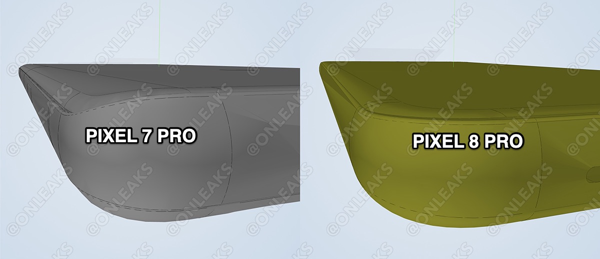 Ein Rendering einer Ecke des Pixel 7 Pro im Vergleich zu den angeblichen Messungen des Pixel 8 Pro