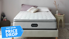 A Beautyrest BR800 13.5" Plush Pillow Top mattress on a bed base in a bedroom