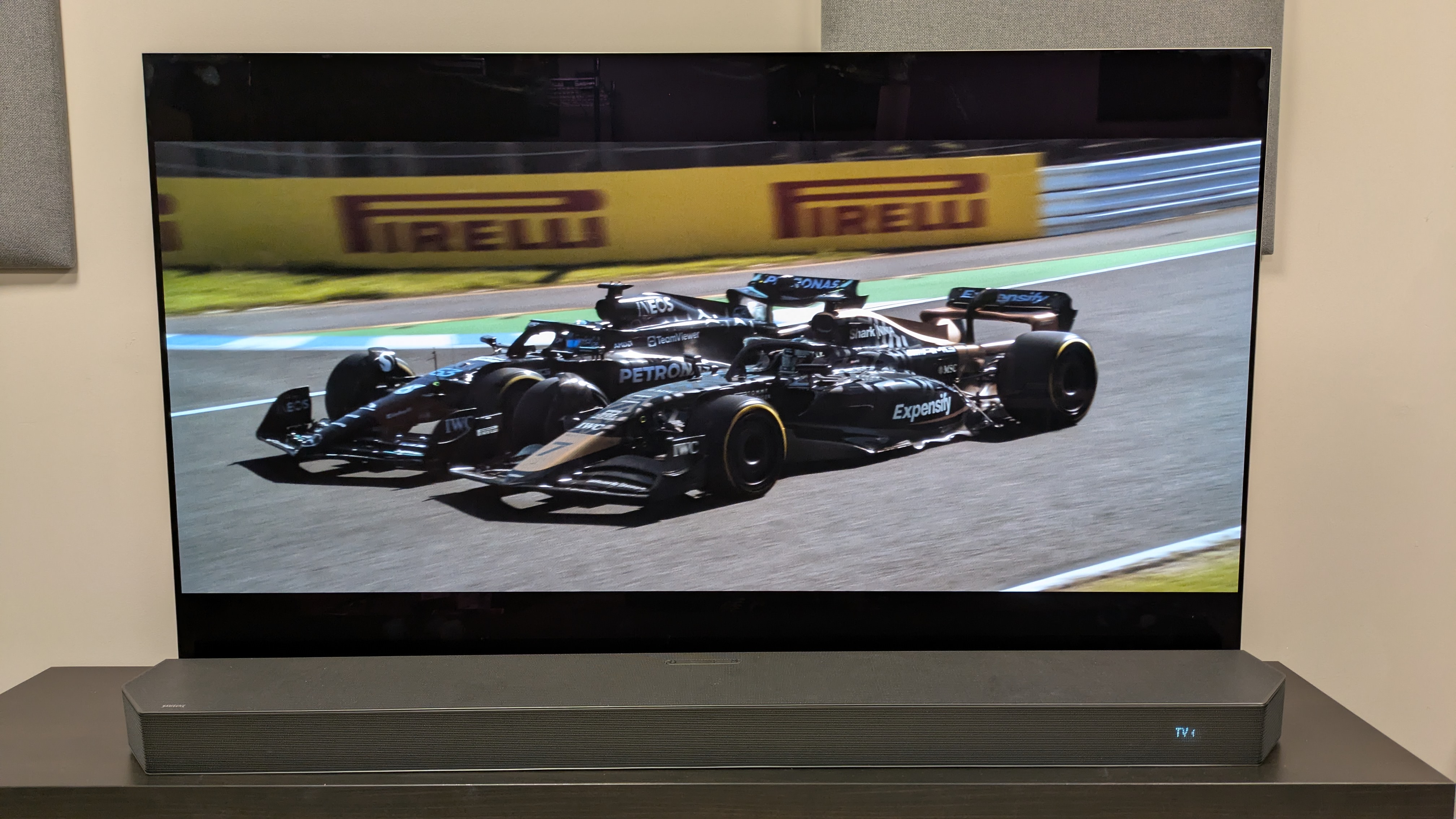 F1 4K Blu-ray showing a close-up shot of Sonny in the cockpit of an F1 car on LG G5 