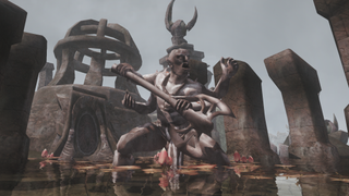 A statue of an orcish figure wielding an axe from Tamriel Rebuilt's Andaram expansion.