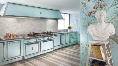 A kitchen with turquoise cooking range and turquoise tiled walls hand-painted with muralistic motifs of birds, animals, fruit trees and flowers