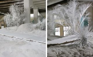 Two different angles of the white foliage installation