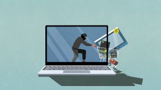 Cartoon cybercriminal stealing online goods