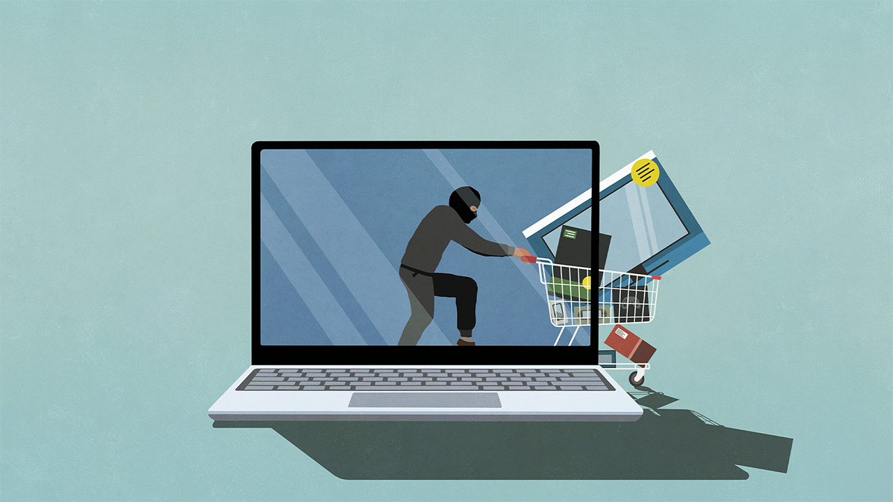 Cartoon cybercriminal stealing products online