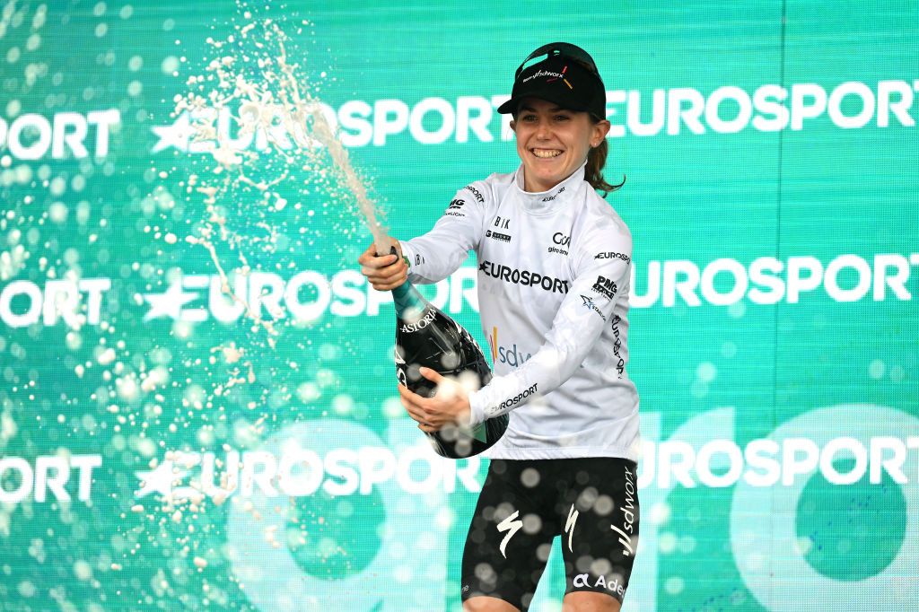 PASSO DEL MANIVA ITALY JULY 07 Niamh FisherBlack of New Zealand and Team SD Worx celebrates winning the white best young jersey on the podium ceremony after the 33rd Giro dItalia Donne 2022 Stage 7 a 1129km stage from Prevalle to Passo del Maniva 1743m GiroDonne UCIWWT on July 07 2022 in Passo del Maniva Italy Photo by Dario BelingheriGetty Images