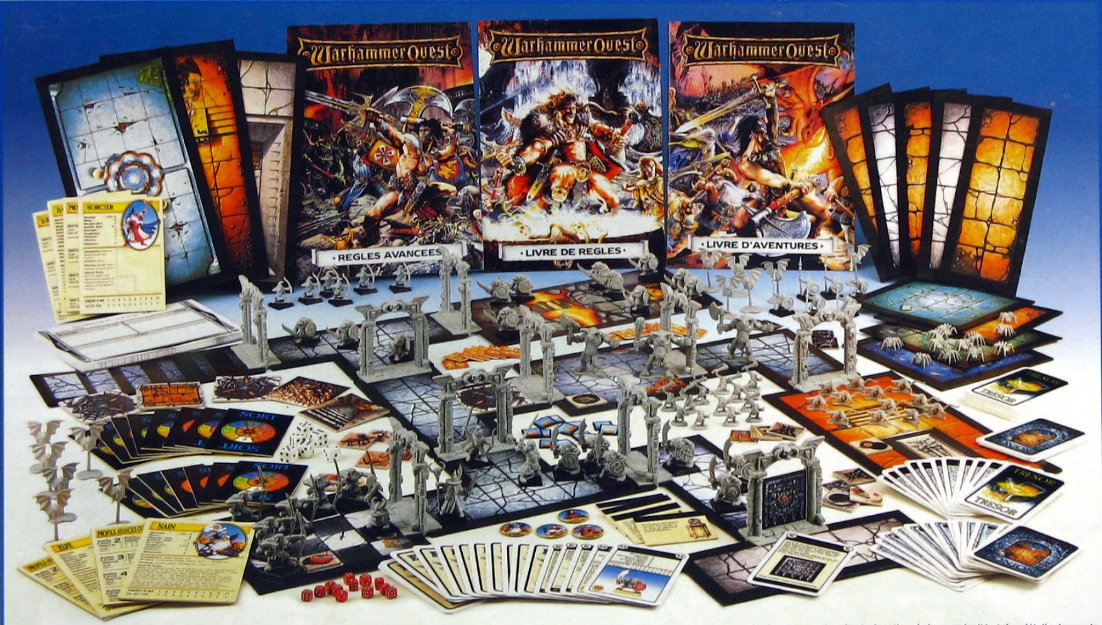 The original box contents of the 1995 edition of Warhammer Quest.