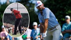 Cameron Young standing over a drive and an inset of Tiger Woods fist pumping after winning the 1997 Masters