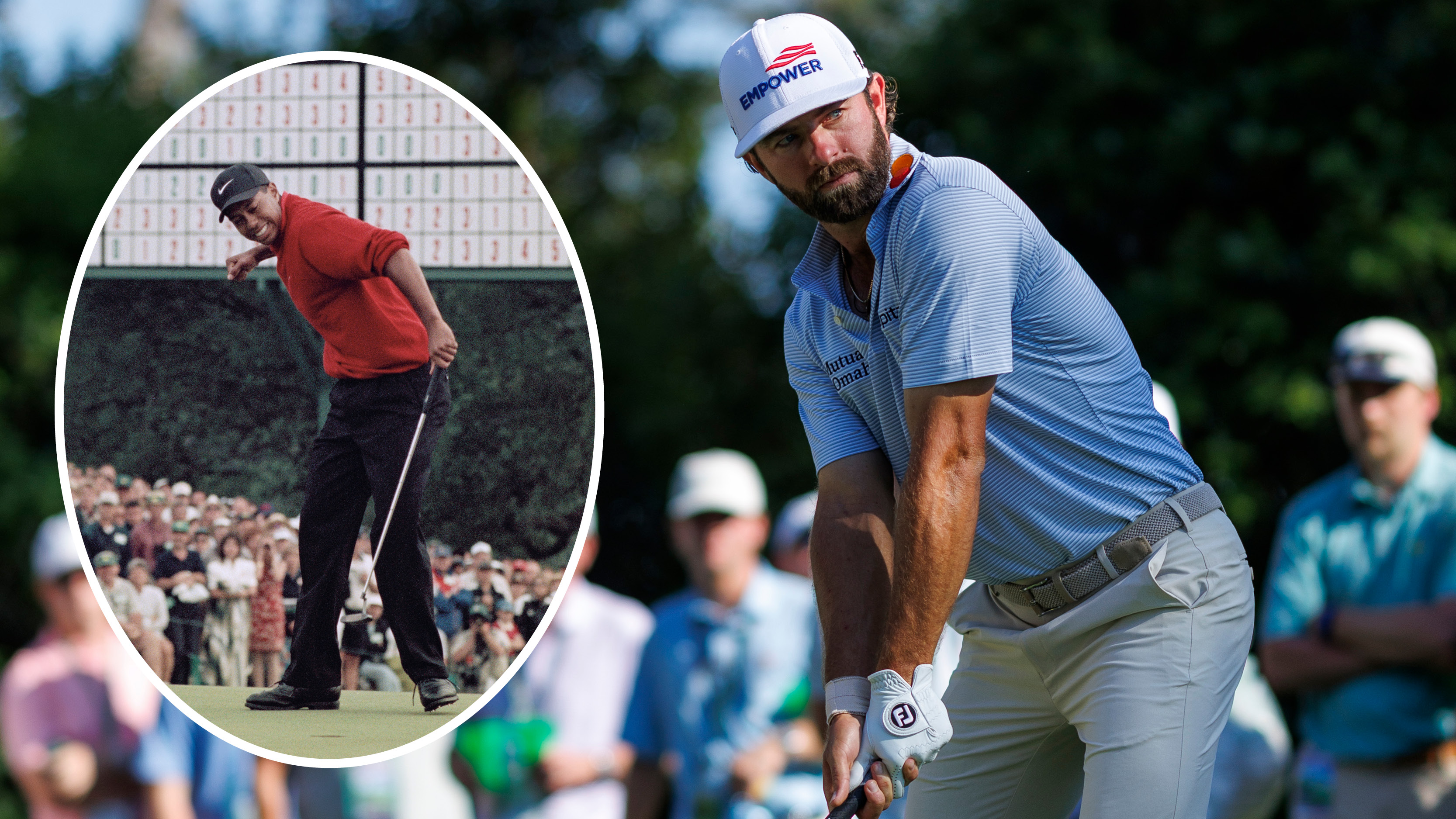 Cameron Young standing over a drive and an inset of Tiger Woods fist pumping after winning the 1997 Masters