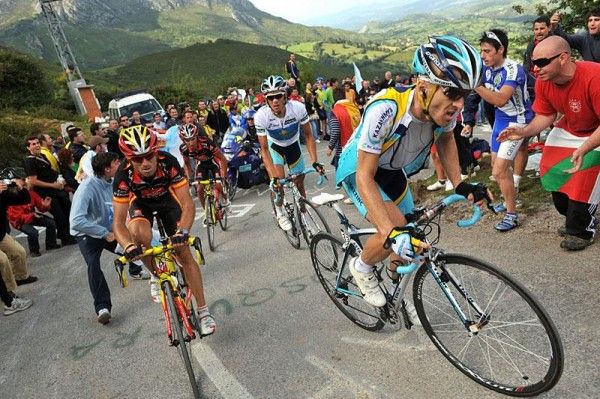 Levi Leipheimer (Astana) leads Valverde on one of the steepest parts of the climb.
