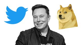 Elon Musk with the Twitter logo and Dogecoin logo