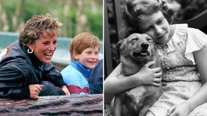 L - Princess Diana and Prince Harry, R - A young Queen Elizabeth holding her dog
