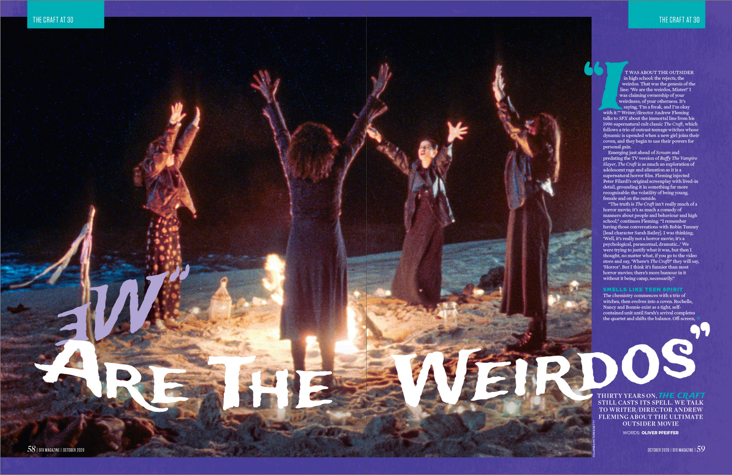 Four teenage coven members carrying out a ritual on a beach.