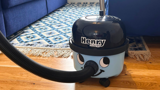 Megan's Henry Allergy Vacuum Cleaner on wooden flooring with a blue patterned rug and blue sofas in the background