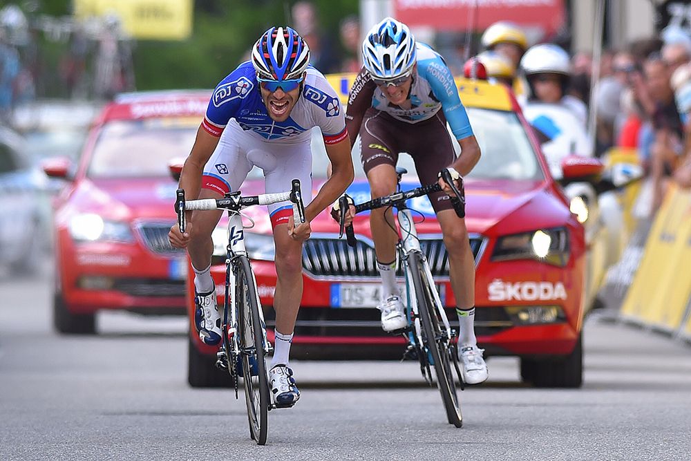 Thibaut Pinot (FDJ) leads Romain Bardet (AG2R La Mondiale) to the line