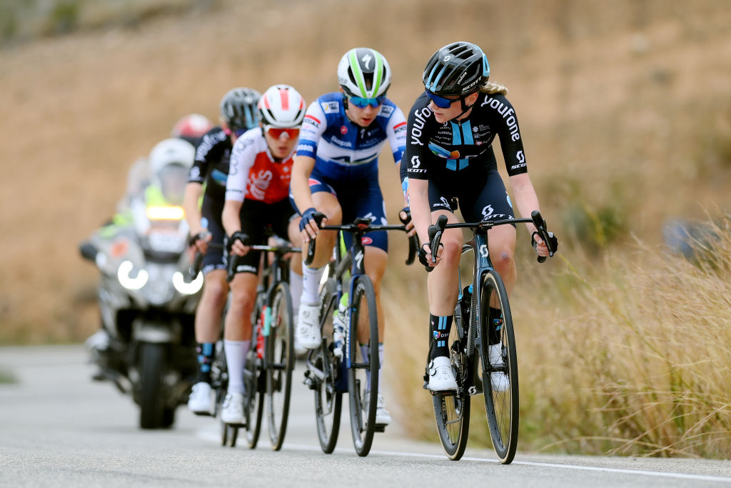 ALTEA SPAIN FEBRUARY 18 Becky Storrie of The United Kingdom and Team DSM competes in the breakaway during the 7th Setmana Ciclista Volta Comunitat Valenciana Femines 2023 Stage 3 a 132km stage from Agost to Altea SetmanaCiclista23 on February 18 2023 in Altea Spain Photo by Alex BroadwayGetty Images