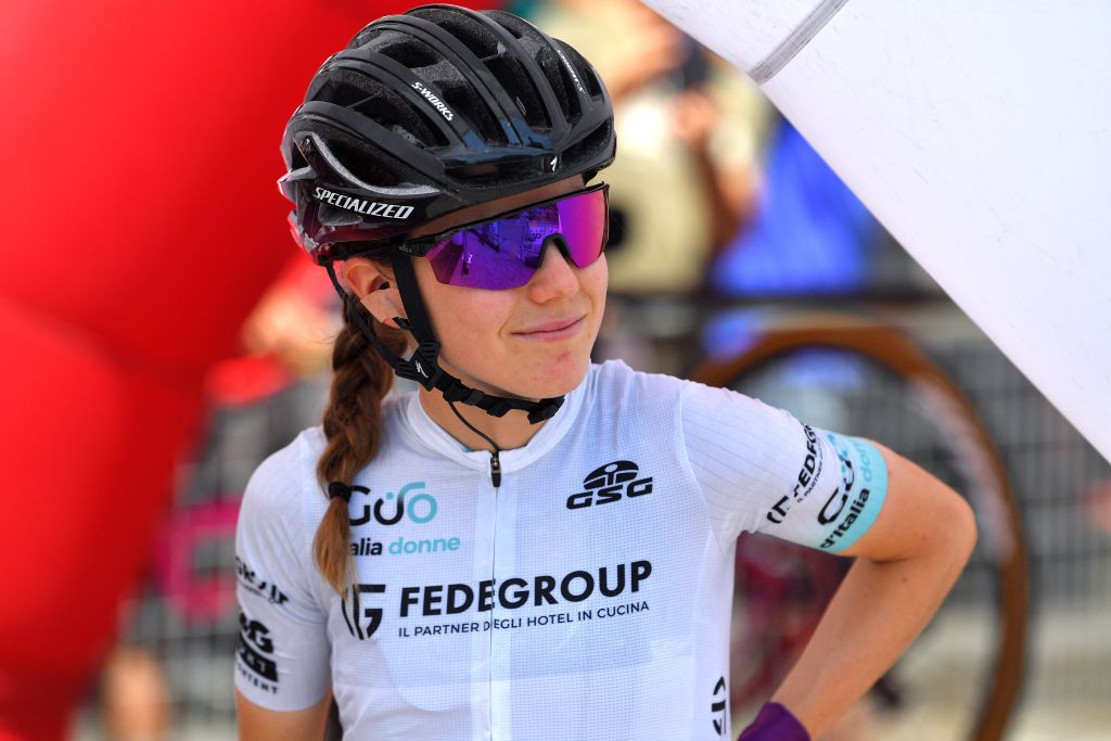 CORMONS ITALY JULY 11 Niamh FisherBlack of New Zealand and Team SD Worx white best young jersey at start during the 32nd Giro dItalia Internazionale Femminile 2021 Stage 10 a 113km stage from Capriva del Friuli to Cormons GiroDonne UCIWWT on July 11 2021 in Cormons Italy Photo by Luc ClaessenGetty Images