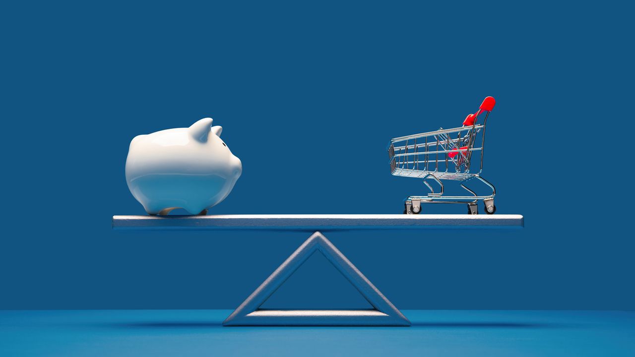 A piggy bank balances against a shopping cart on opposite ends of a teeter-totter.