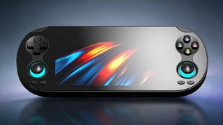 Anbernic RG Vita handheld tilted at angle with blue backdrop.