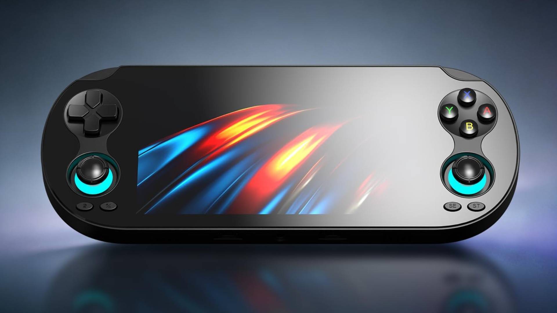 Anbernic RG Vita handheld tilted at angle with blue backdrop.