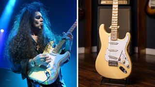 Comp of Yngwie Malmsteen playing guitar on stage (on the right) and his #4 Fender Stratocaster (on the left)