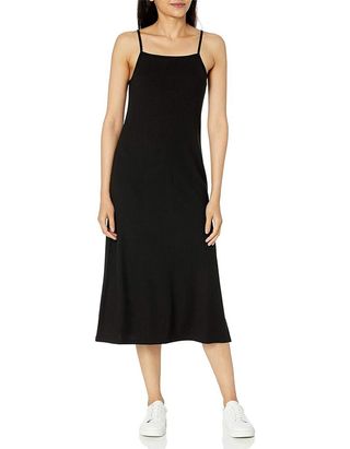 The Drop Women's Leslie Side Slit Strappy Square Neck Loose-Fit Rib Knit Midi Dress, Black, Xs