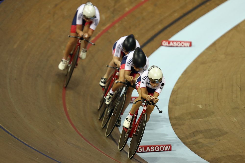 Eleanor Dickinson, Danielle Khan, Manon Lloyd and Emily Nelson of Great Britain in action during the Women's Team Pursuit