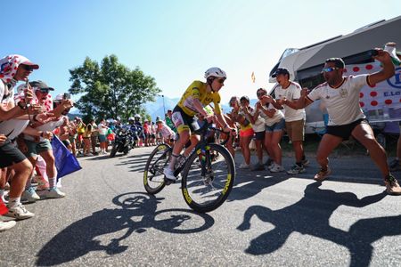 Tadej Pogačar climbing Alpe d'Huez during Tour de France 2026