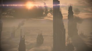 Tall buildings emerge from clouds on Feros