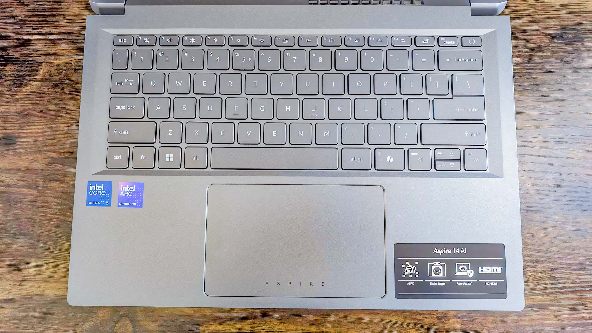 Top-down photo of the Acer Aspire 14 AI's keyboard and touchpad. 