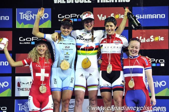 Elite women's eliminator podium at the Val di Sole World Cup: Jolanda Neff, Kathrin Stirnemann, Alexandra Engen, Linda Indergand, Ingrid Sofie Jacobsen