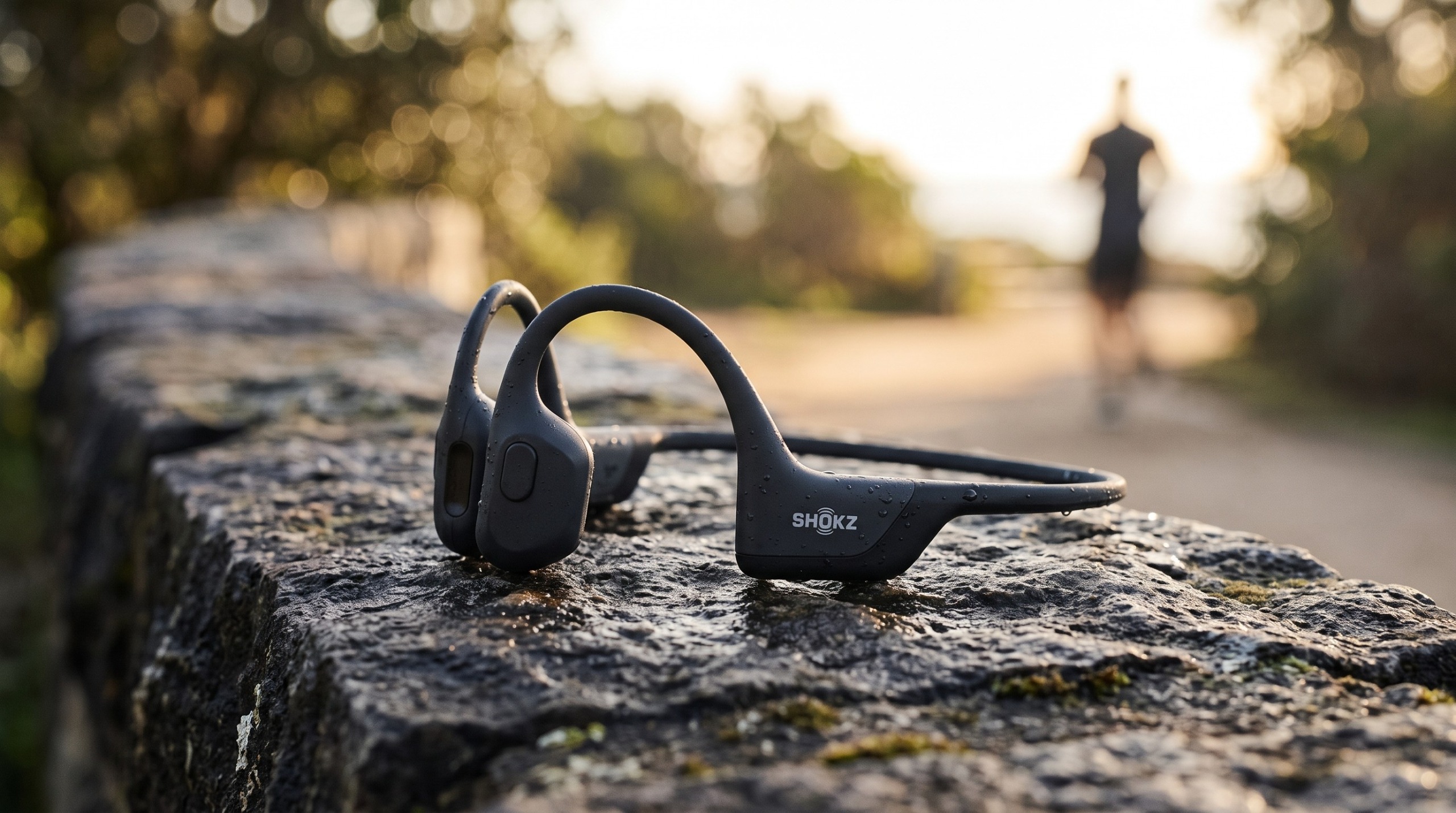 Shokz OpenRun Pro sitting on a rock while a runner jogs on a path into the distance