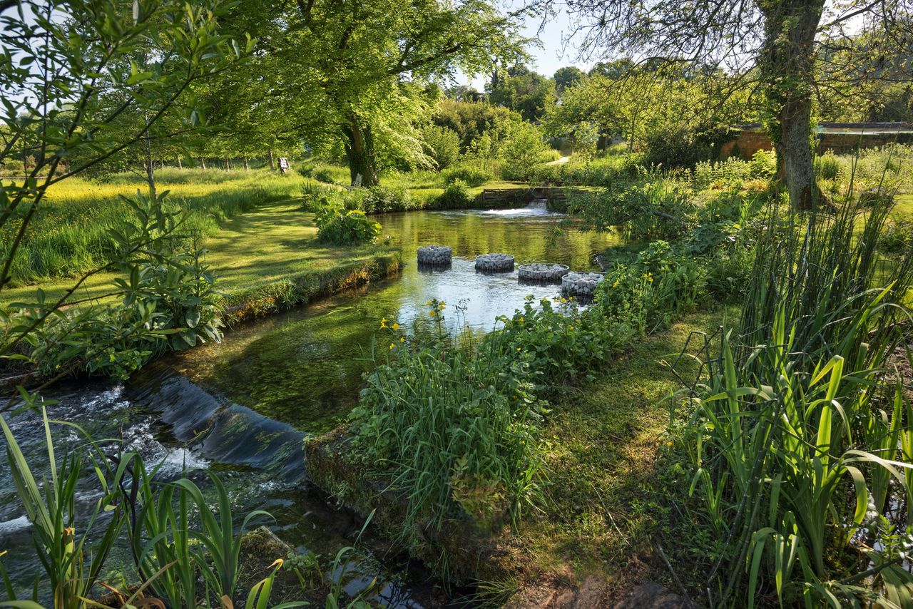 Gabion stepping stones through the River Test looking towards the orchard at Bere Mill.