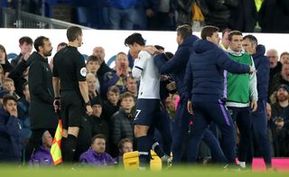 Son Heung-min is sent off for a challenge on Everton’s Andre Gomes