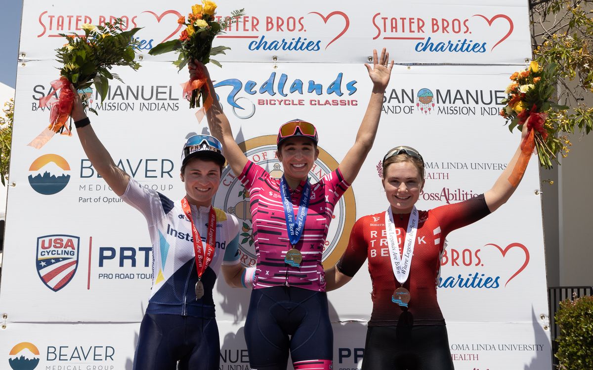 Stage Podium: Erica Clevenger (DNA Pro Cycling) 1st, Heidi Franz (Instafund LaPrima) 2nd, and Sarah Van Dam (Red Truck Racing p/b Mosaic Homes) 3rd