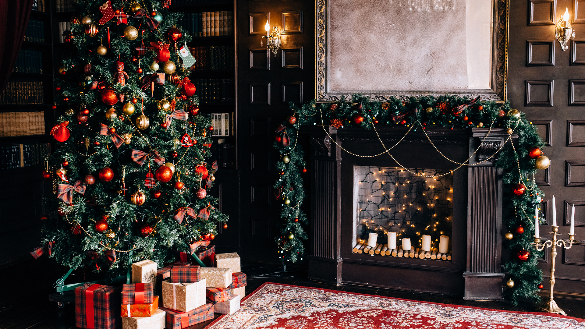 Country house decorated for Christmas, with decorated fireplace and Christmas tree