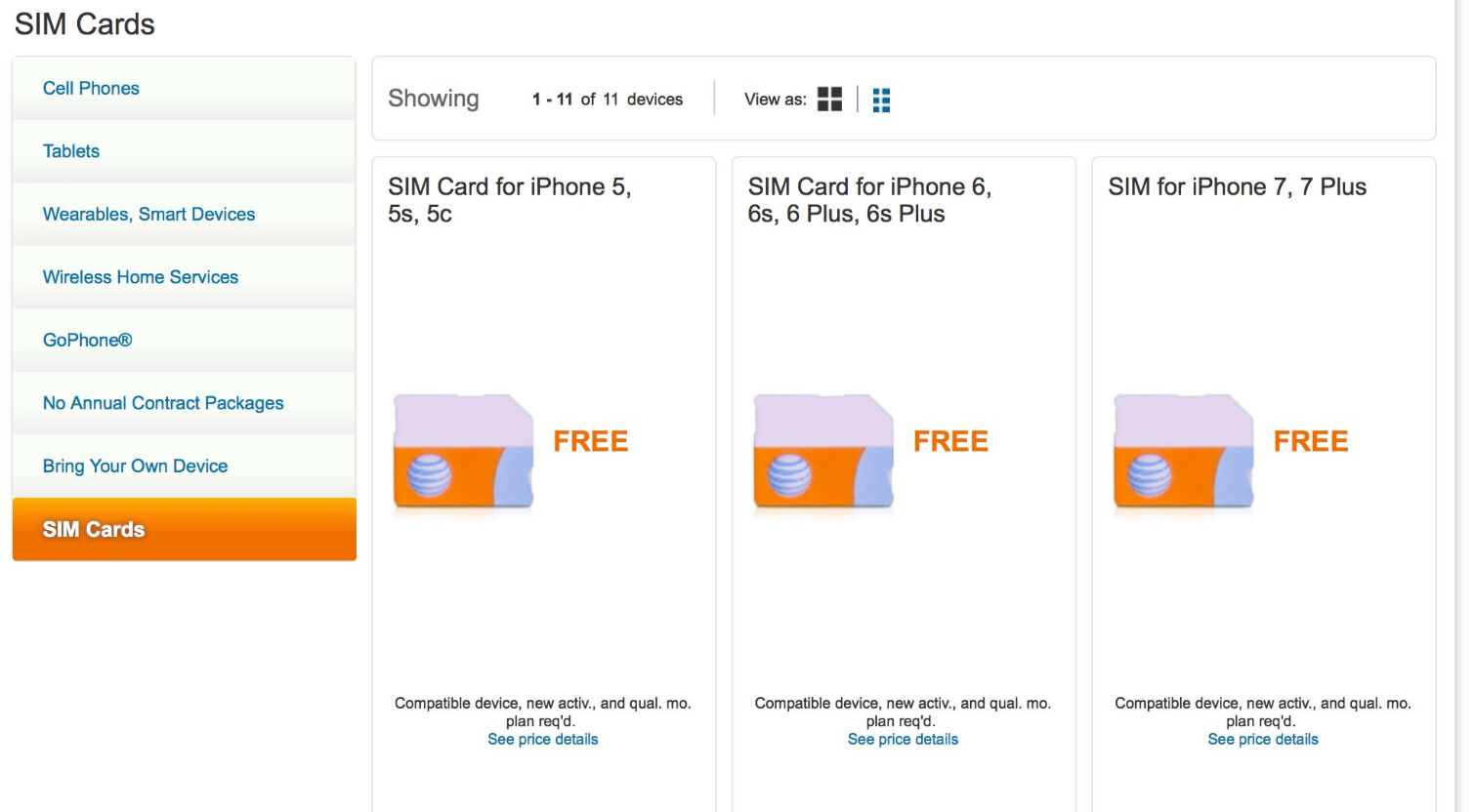 AT&T's SIM Card ordering page, where you order your SIM based on your iPhone model.