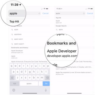 Find bookmark website using search in Safari on iPhone: Type keywords, tap site or bookmark