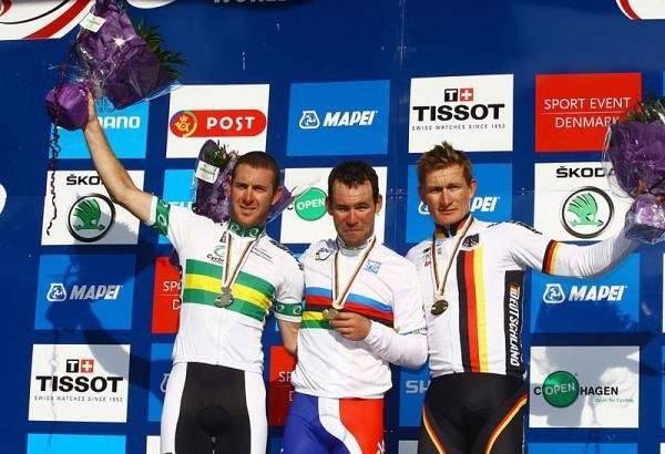 The elite men's podium at the World Championship road race