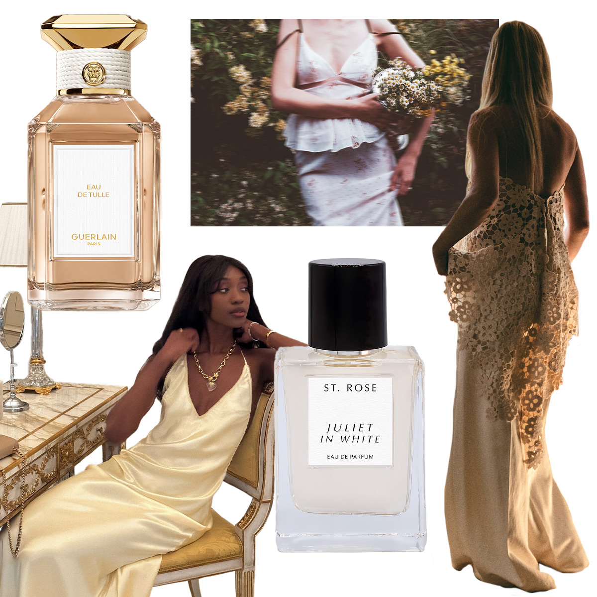 Photo collage of wedding day fragrances and women wearing white dresses 