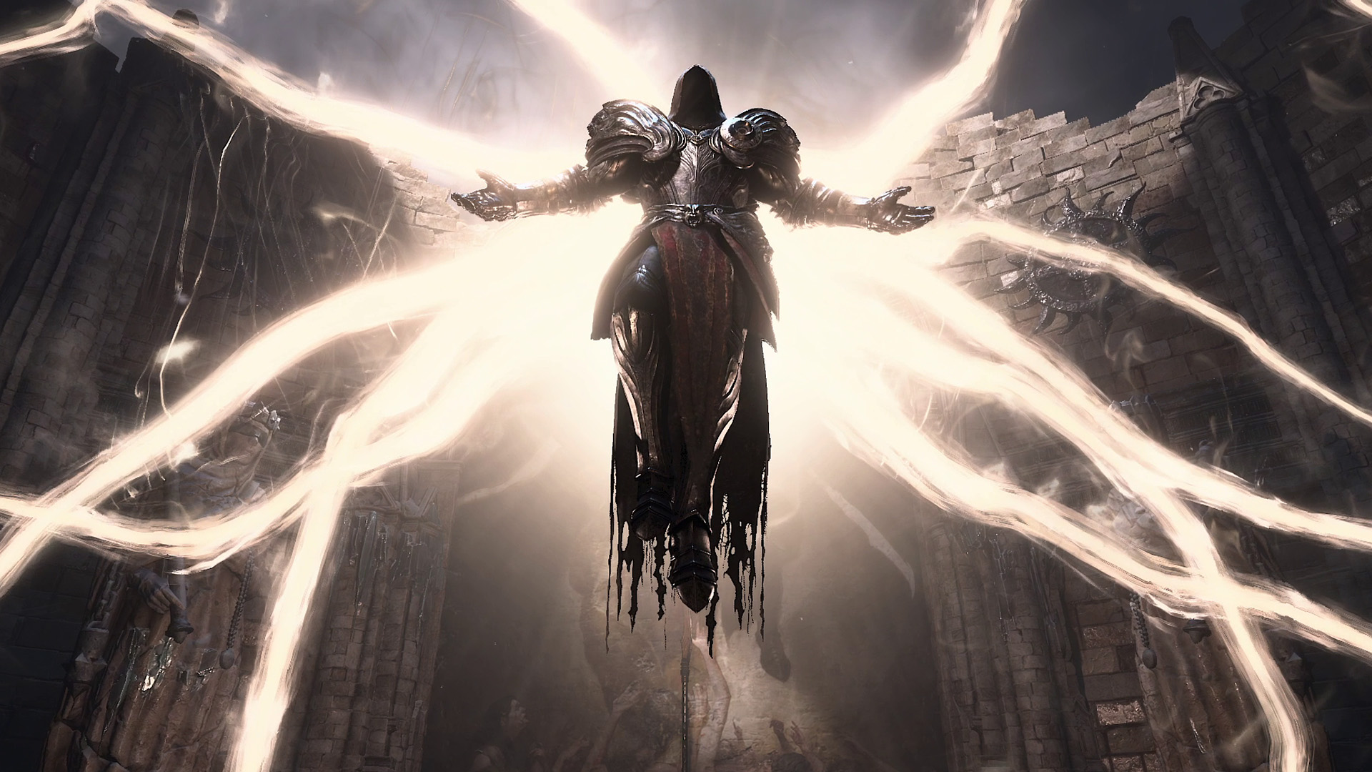 Diablo IV screenshot with character raising off the ground and surrounded by lightning