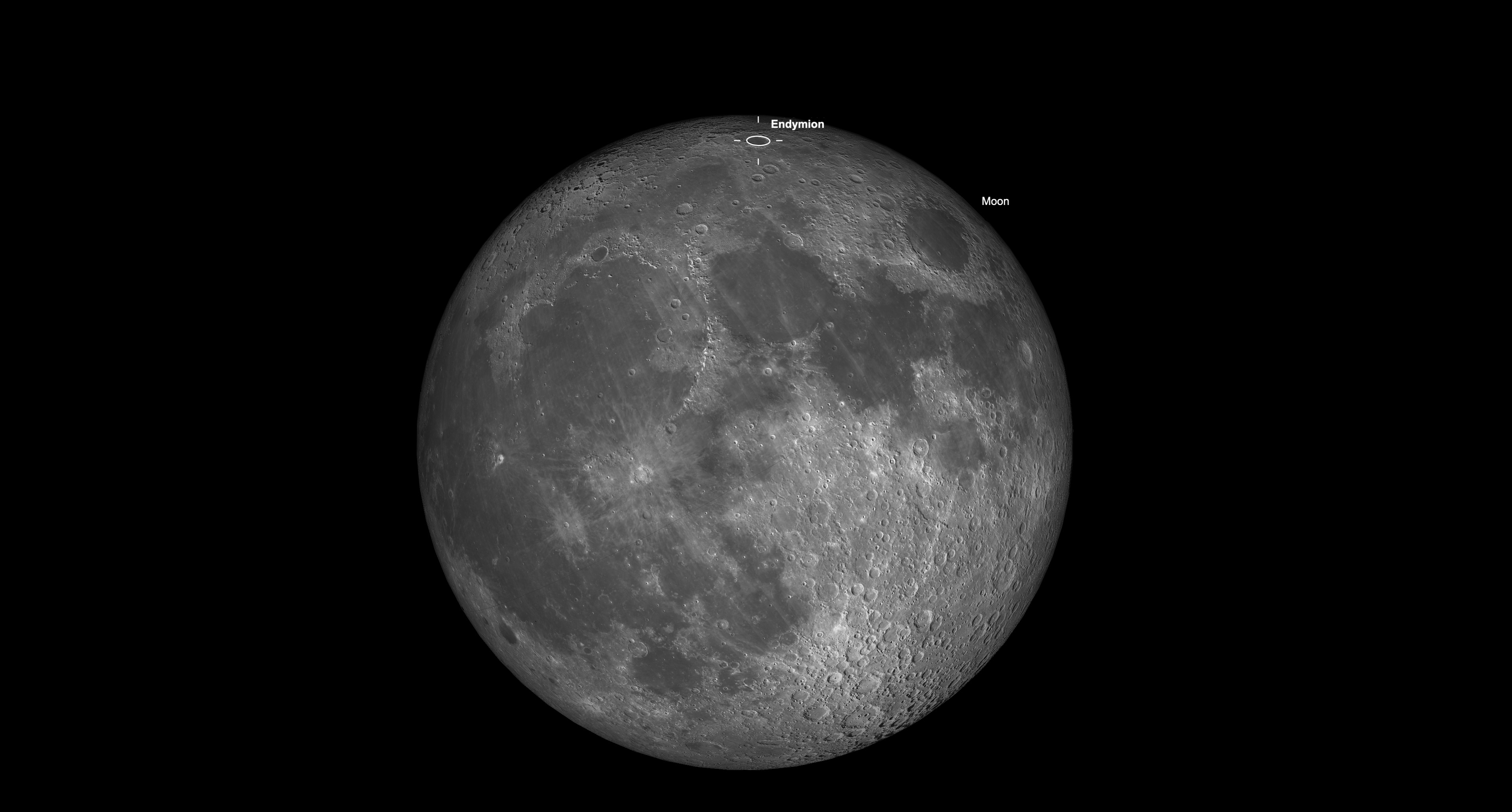 Full moon diagram highlighting the crater Enymion on the moon's northeastern limb.