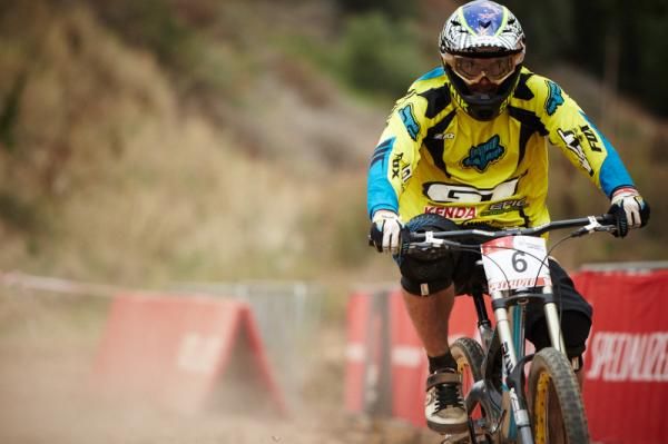 Staring down the barrel after his impressive victory in the Elite Mens Downhill is Mick Hannah