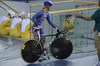 Sarah Hammer gets ready for a training session on the track