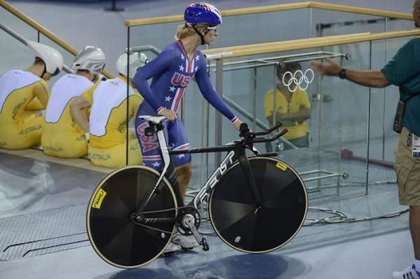 Sarah Hammer gets ready for a training session on the track