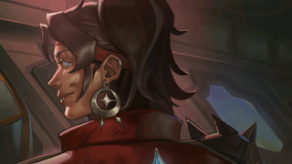 Captain Khali from Starfinder: Afterlight looks over her shoulder with a smarmy, confident grin.