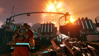 An image of a glowing ball of fire in the sky over an automated sci-fi base in videogame StarRupture.